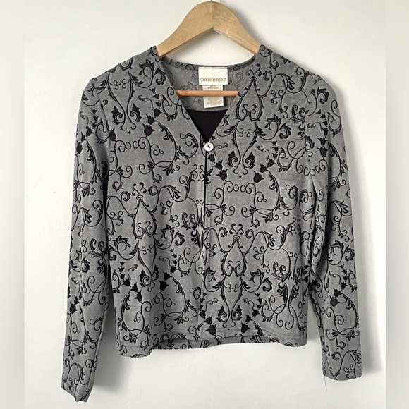 Vintage Christie & Jill Black Gray Floral Button Blouse w. Built in Tank Top SP - Picture 1 of 7